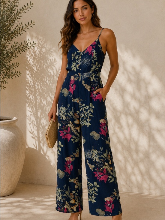 Luxxel Pants - Luxxel Navy Blue Tropical Floral Wide Leg Jumpsuit Small V-Neck Spaghetti Strap
